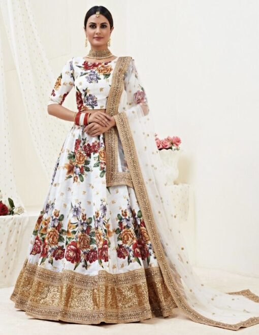 White Floral Print Banglori Lehenga Choli
