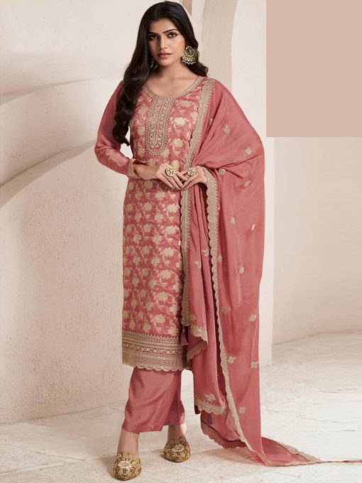 Peach Color Beautiful Dress in Jacquard FAbric
