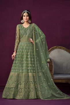 Greenish Grey Color Beautiful Net Anarkali Dress