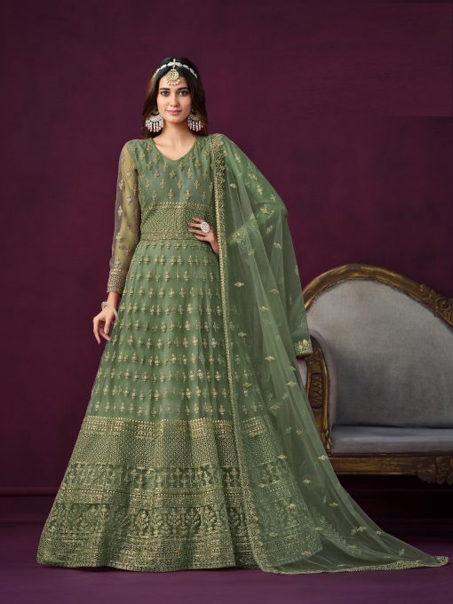 Greenish Grey Color Beautiful Net Anarkali Dress