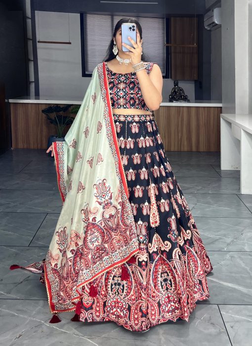Printed lehenga creation from our Floral and Geometric combination which looks vibrant and Showcase beauty of a woman