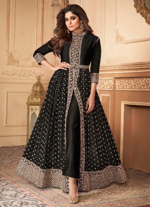 Black Georgette Embroidered Front Slit Anarkali Suit