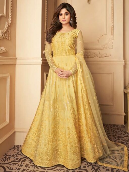 Yellow Net Embroidered Anarkali Suit