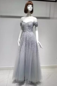 Silver Off The Shoulder Sequin Embellished Evening Gown
