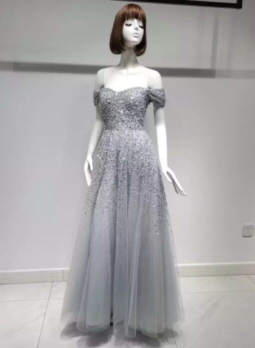 Silver Off The Shoulder Sequin Embellished Evening Gown