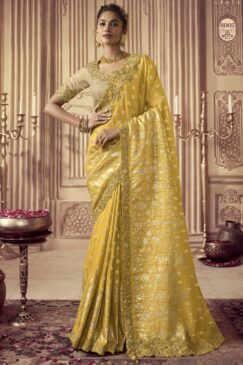 Yellow Fancy Silk Wedding Party Wear Saree