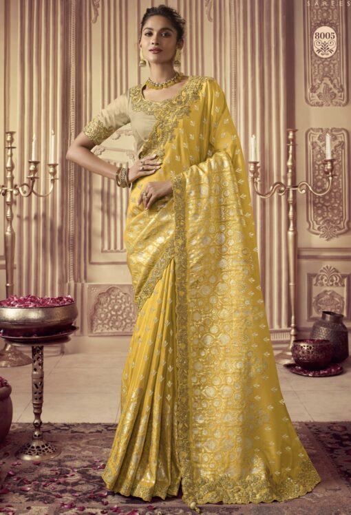 Yellow Fancy Silk Wedding Party Wear Saree