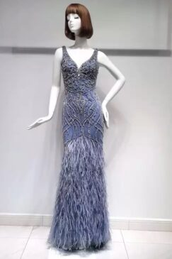 Blue Feathered Gatsby Sequin Embellished Evening Gown