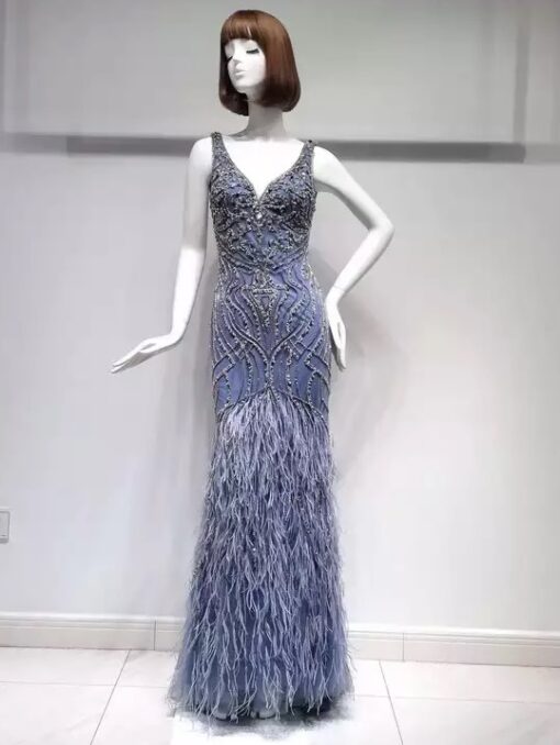 Blue Feathered Gatsby Sequin Embellished Evening Gown