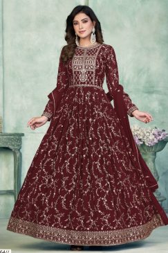 Alternative view of Maroon Abaya Style Embroidered Anarkali Suit