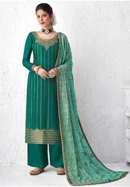 Green Dola Silk Embroidered Palazzo Suit - Salwar Kameez, top 20 salwar ...