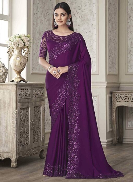 Purple Soft Satin Silk Party Wear Saree