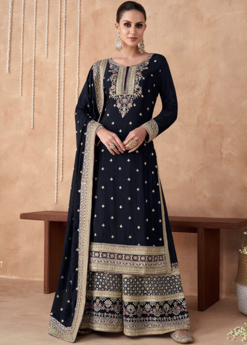 Black Straight Cut Embroidered Palazzo Suit