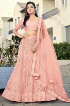 Peach Embroidered Net Party Wear Lehenga Choli