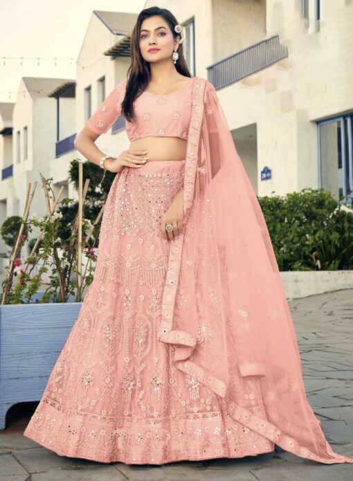 Peach Embroidered Net Party Wear Lehenga Choli
