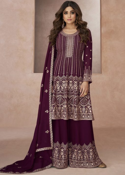 Purple Embroidered Palazzo Suit