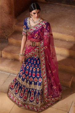 Blue And Pink Banarasi Raw Silk Lehenga Choli