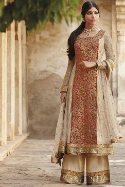 Cream And Red Net Palazzo Suit