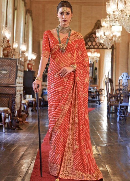 Red Bandhej Style Georgette Saree