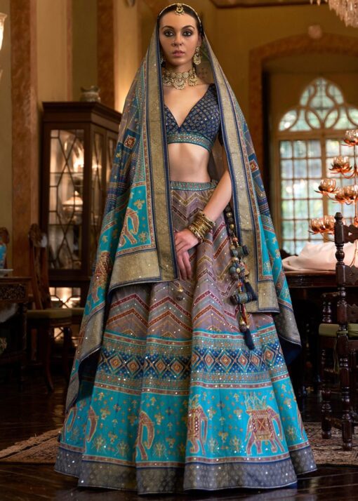 Blue Rajwadi Silk Woven Lehenga Choli