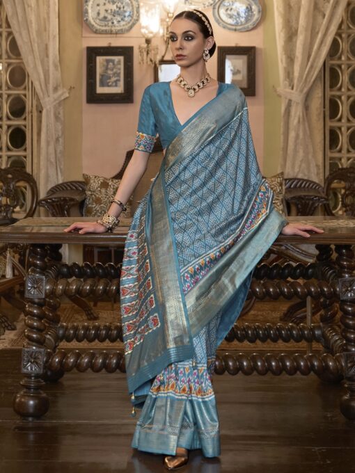 Light Blue Patola Silk Designer Saree