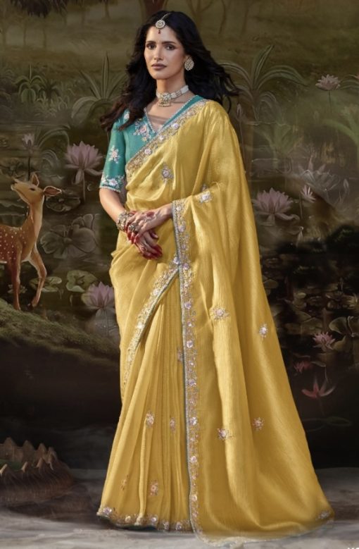 Yellow Coloured Embroidered Wedding Saree