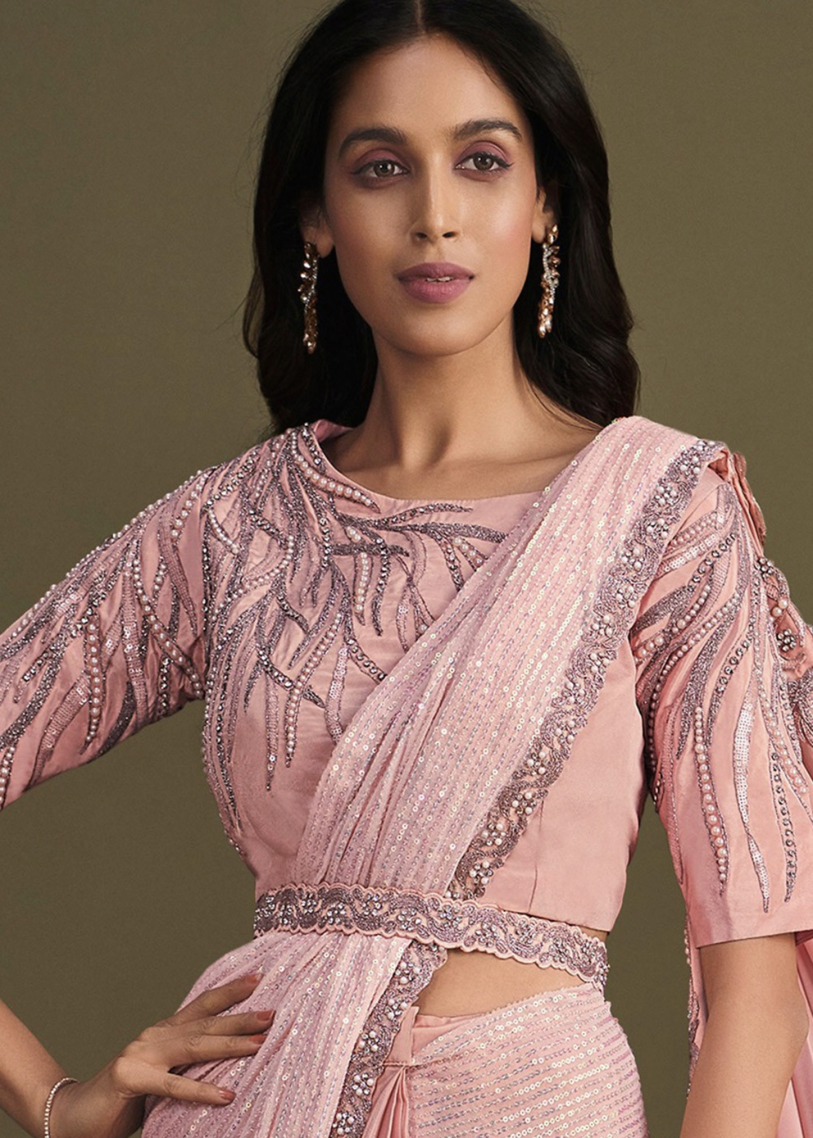 SATAZ Women's Ready To Wear Satin Silk 1 Minute Pre Pleated Heavy Saree With Designer Pearl Tassels, Rose Gold, Free Size, One Size