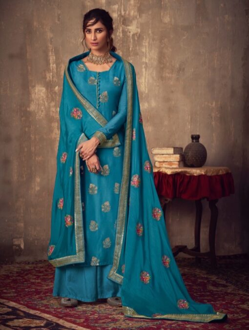 Blue Jacquard Viscose Embroidered Palazzo Suit