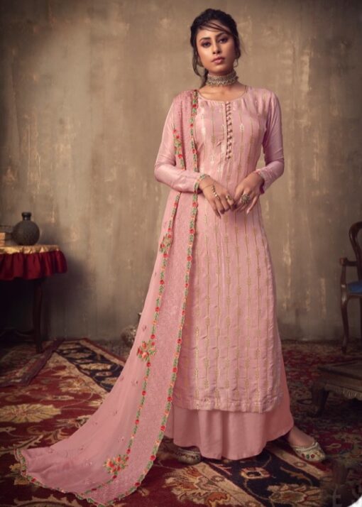 Light Pink Jacquard Viscose Embroidered Palazzo Suit