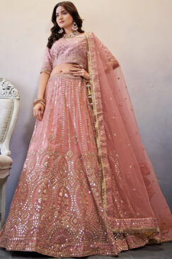 Peach Embroidered Net Lehenga Choli