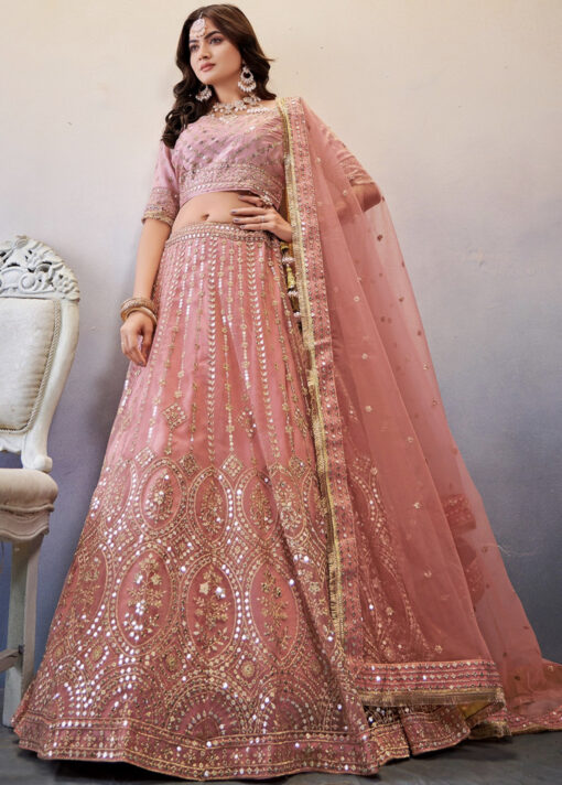 Peach Embroidered Net Lehenga Choli