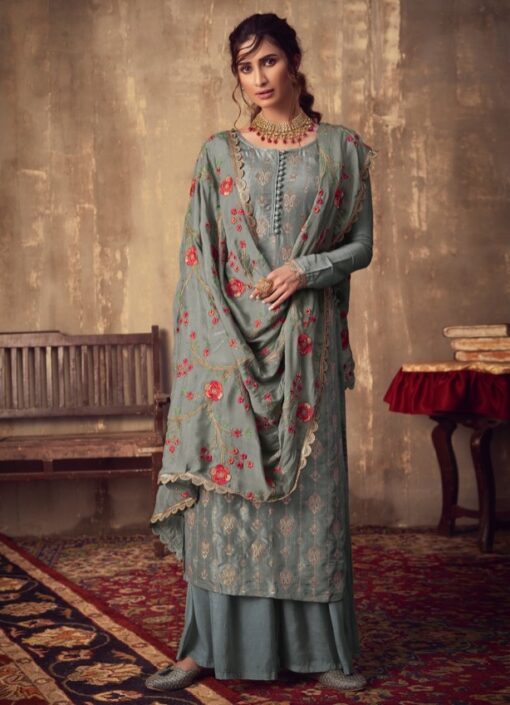 Grey Jacquard Viscose Embroidered Palazzo Suit
