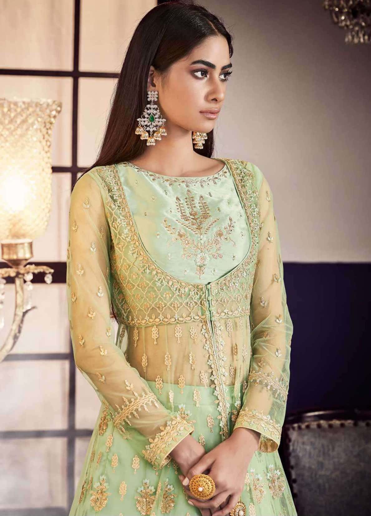 Mint Green Net Anarkali Pant Suit Salwar Kameez Designer Collection