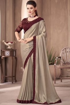 Beige Embroidered Border Party Wear Saree