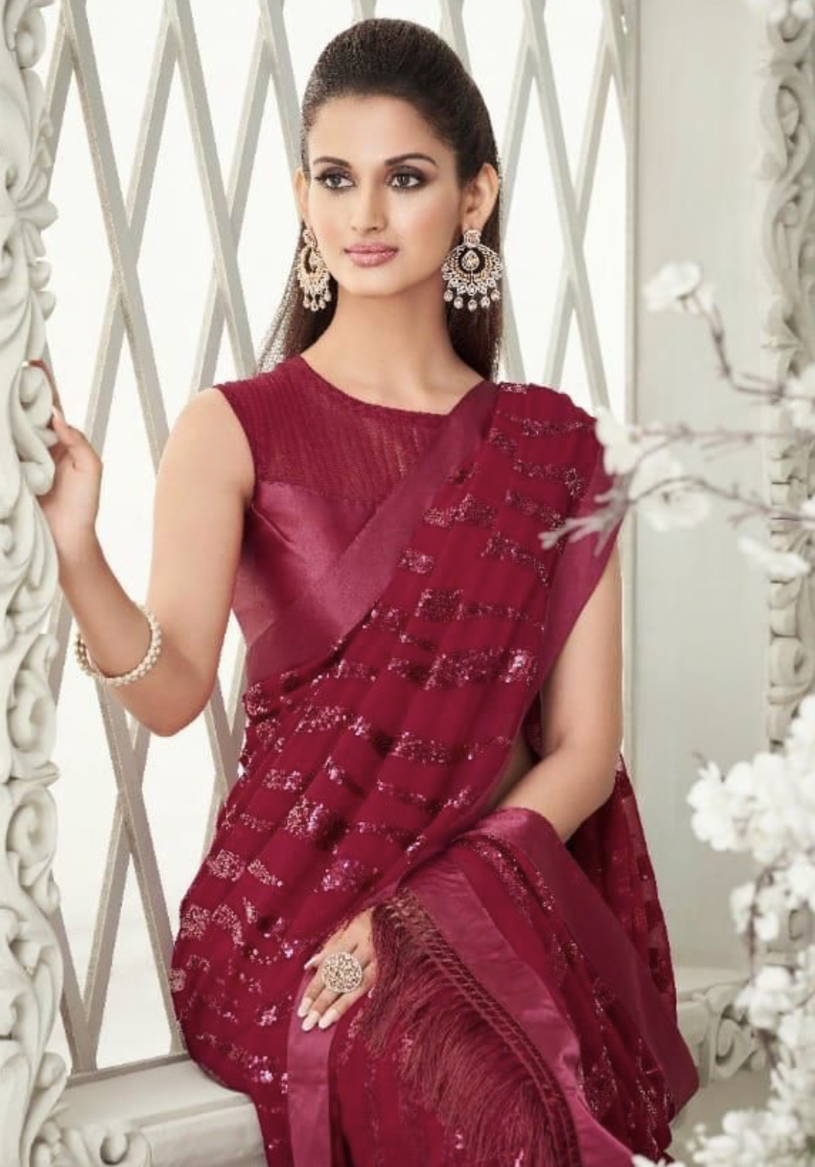 Red Fancy Saree With Fringe Detail - Sarees Designer Collection