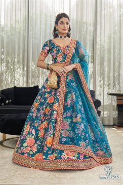 Modern Floral Lehenga Choli For Wedding Function in Blue color
