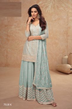 Premium Chinon Fabric Partywear Dress in sky blue COlor