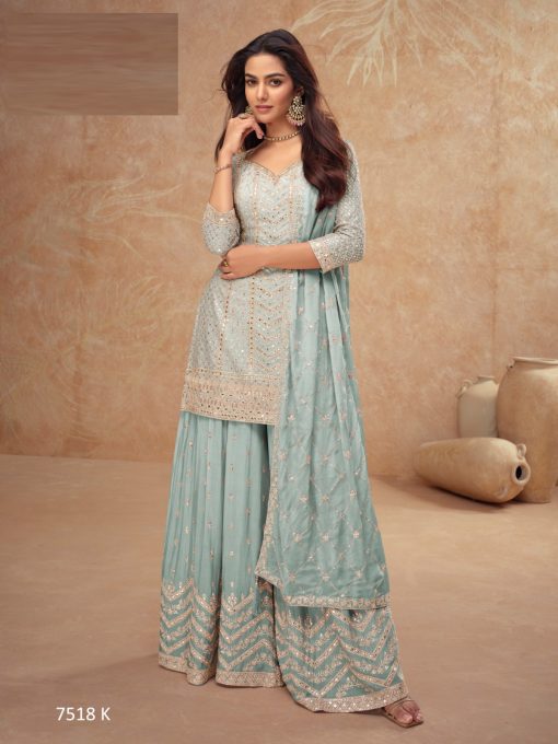 Premium Chinon Fabric Partywear Dress in sky blue COlor