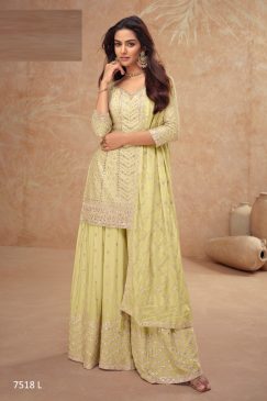 Premium Chinon Fabric Partywear Dress in yellow COlor