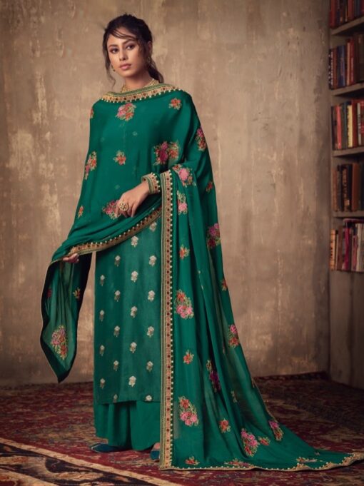 Green Jacquard Viscose Embroidered Palazzo Suit
