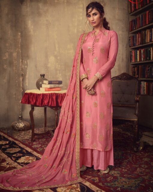 Pink Jacquard Viscose Embroidered Palazzo Suit