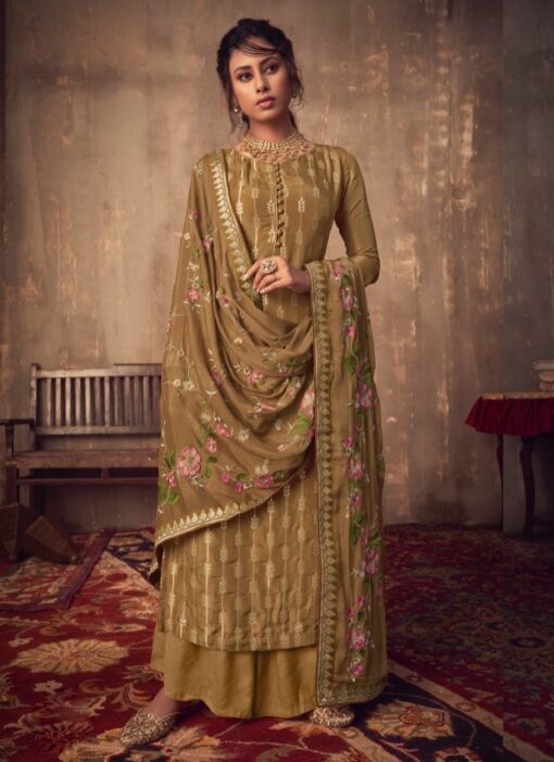 Brown Jacquard Viscose Embroidered Palazzo Suit