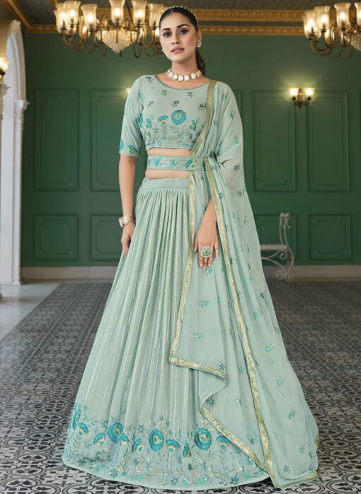 Pista Green Georgette Lehenga Choli