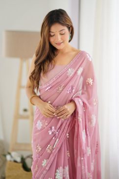 Alternative view of Peach color Partywear Georgette Fabric Saree