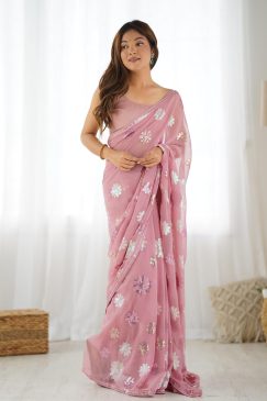 Peach color Partywear Georgette Fabric Saree