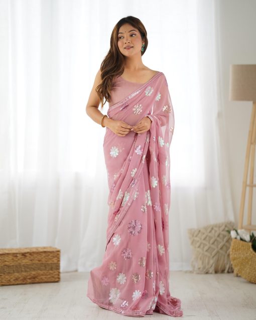 Peach color Partywear Georgette Fabric Saree