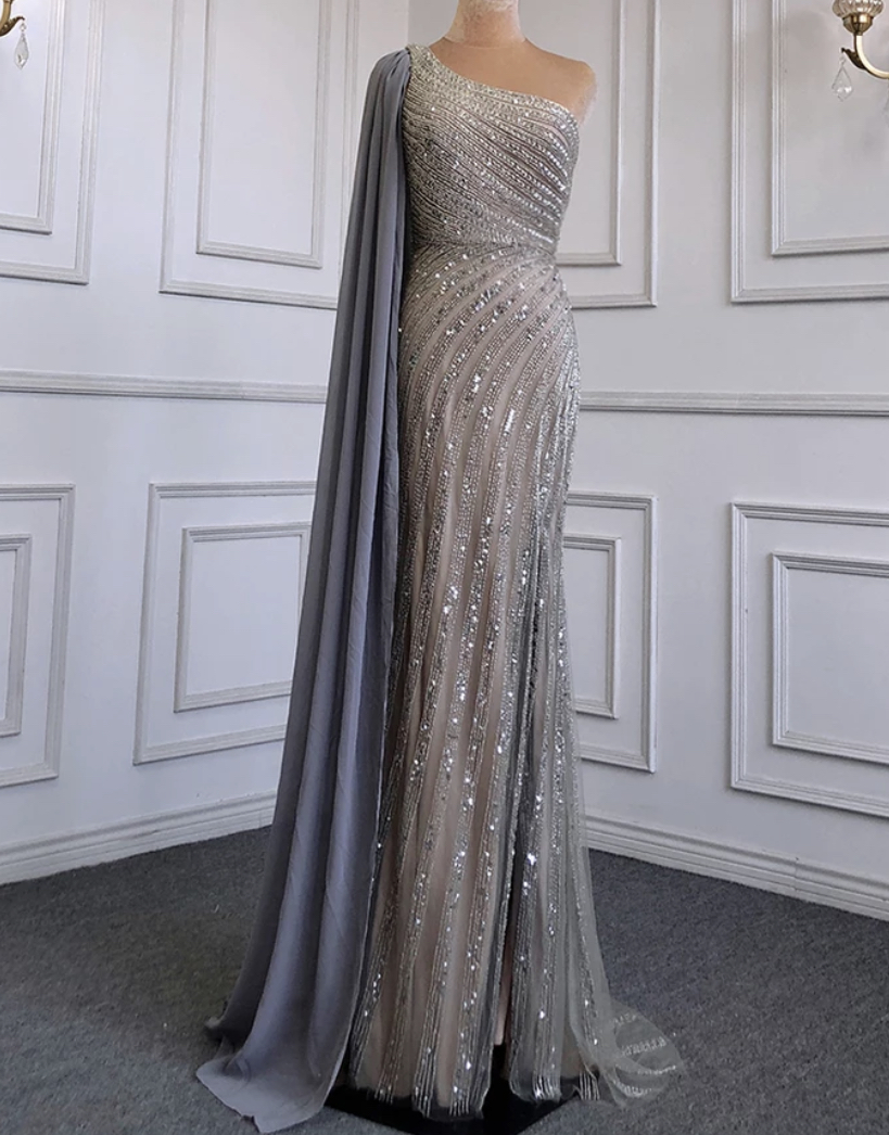 Heavily Beaded One Shoulder Drape Evening Dress - Evening Dresses, Made ...