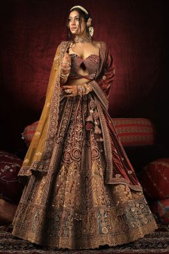 Maroon Velvet Embroidered Bridal Lehenga Choli