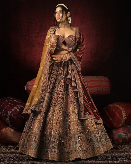 Maroon Velvet Embroidered Bridal Lehenga Choli Lehengas Designer Collection