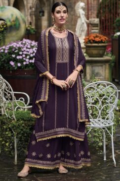 Purple Chinon Embroidered Palazzo Salwar Suit